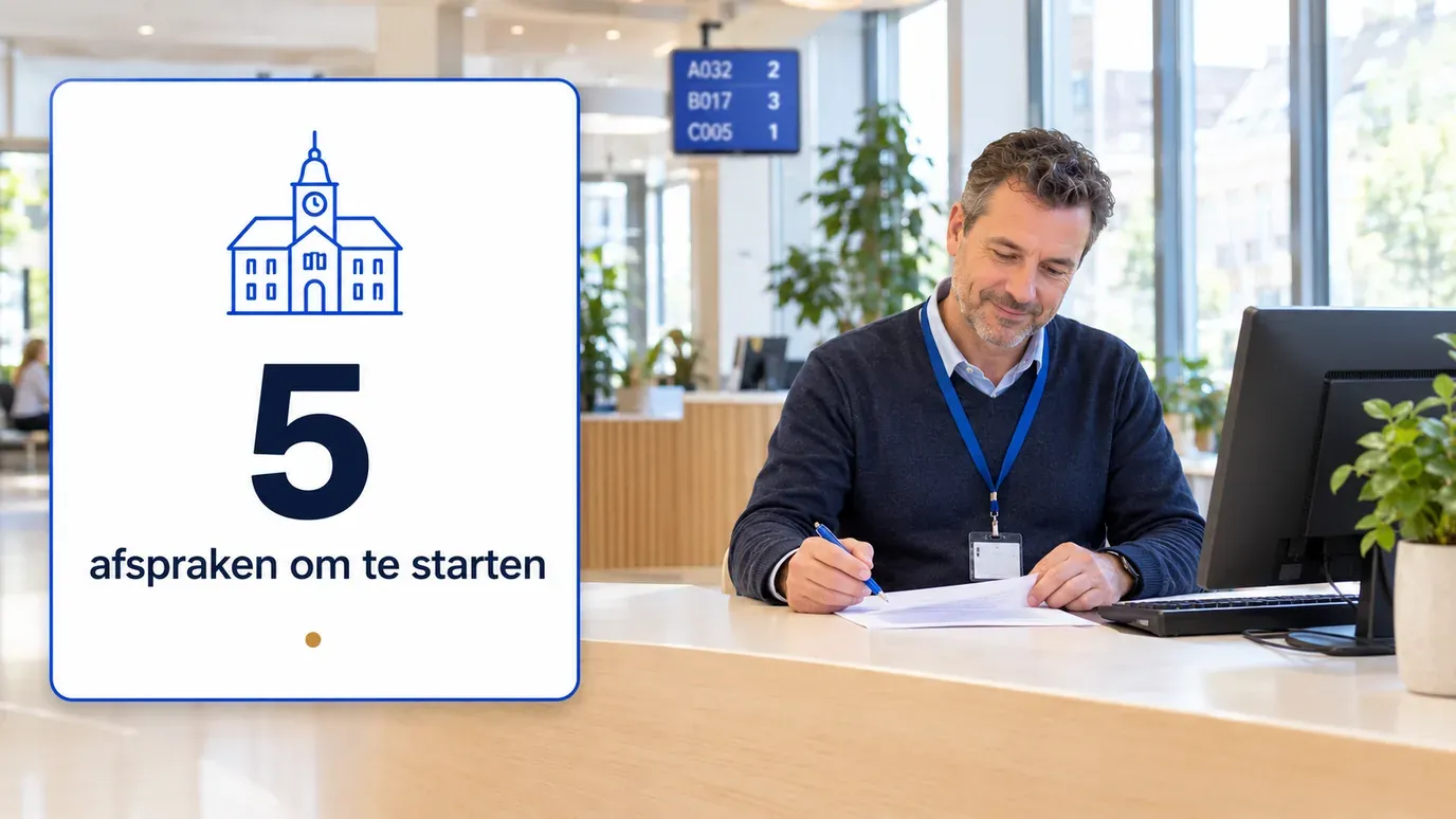 Gemeentebediende aan het loket van een licht gemeentehuis leest een brief na, naast een kaart met een gemeentehuis-icoon en 5 afspraken om te starten