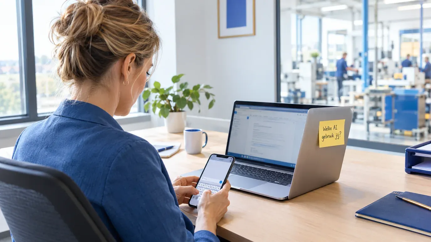 Medewerker in een kmo-kantoor met zicht op de werkvloer typt op haar privé-gsm naast haar werklaptop, met een post-it: Welke AI gebruik jij?